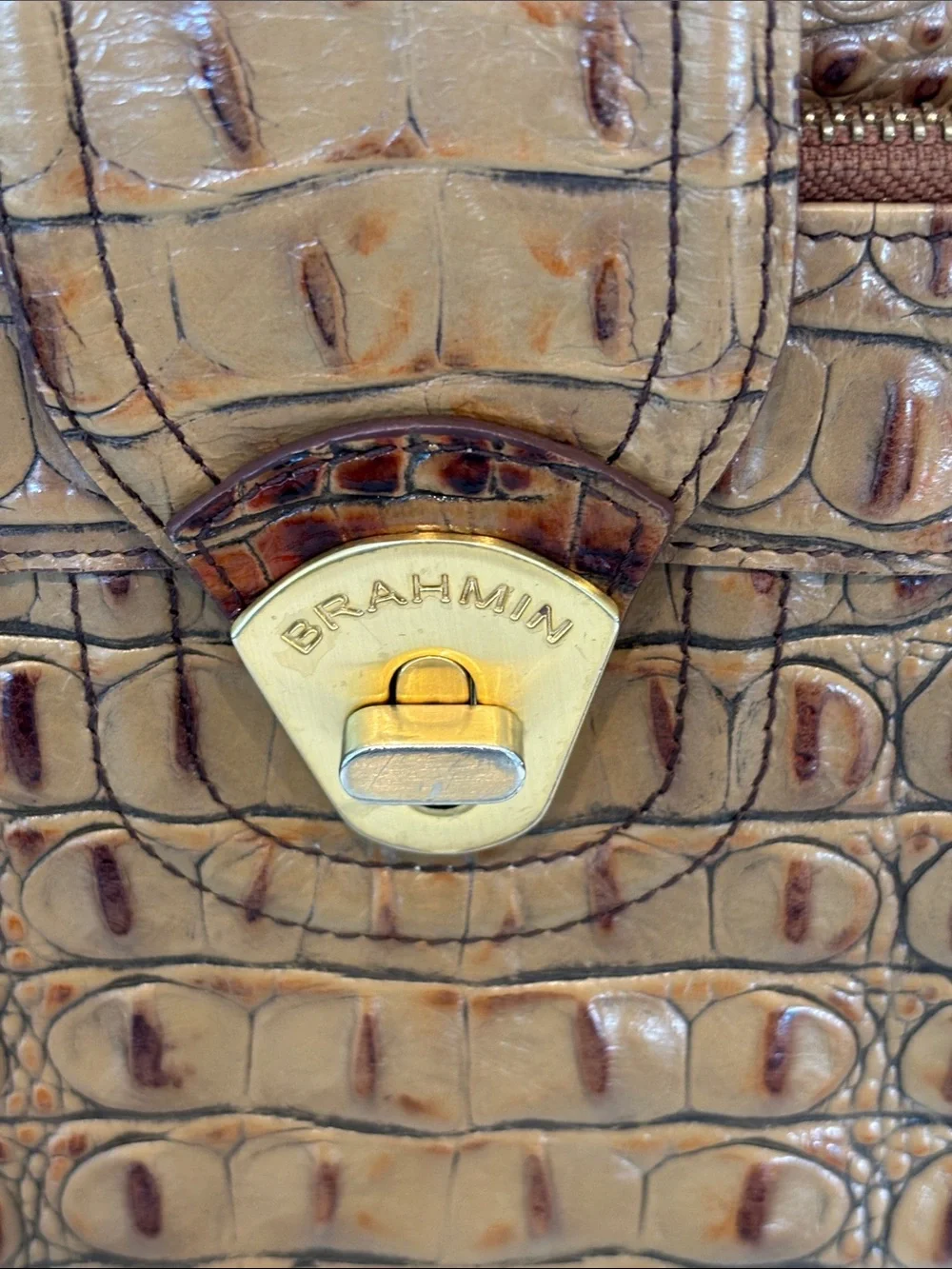 Brahmin Two-Tone Brown Croc-Embossed Crossbody with Gold Hardware
